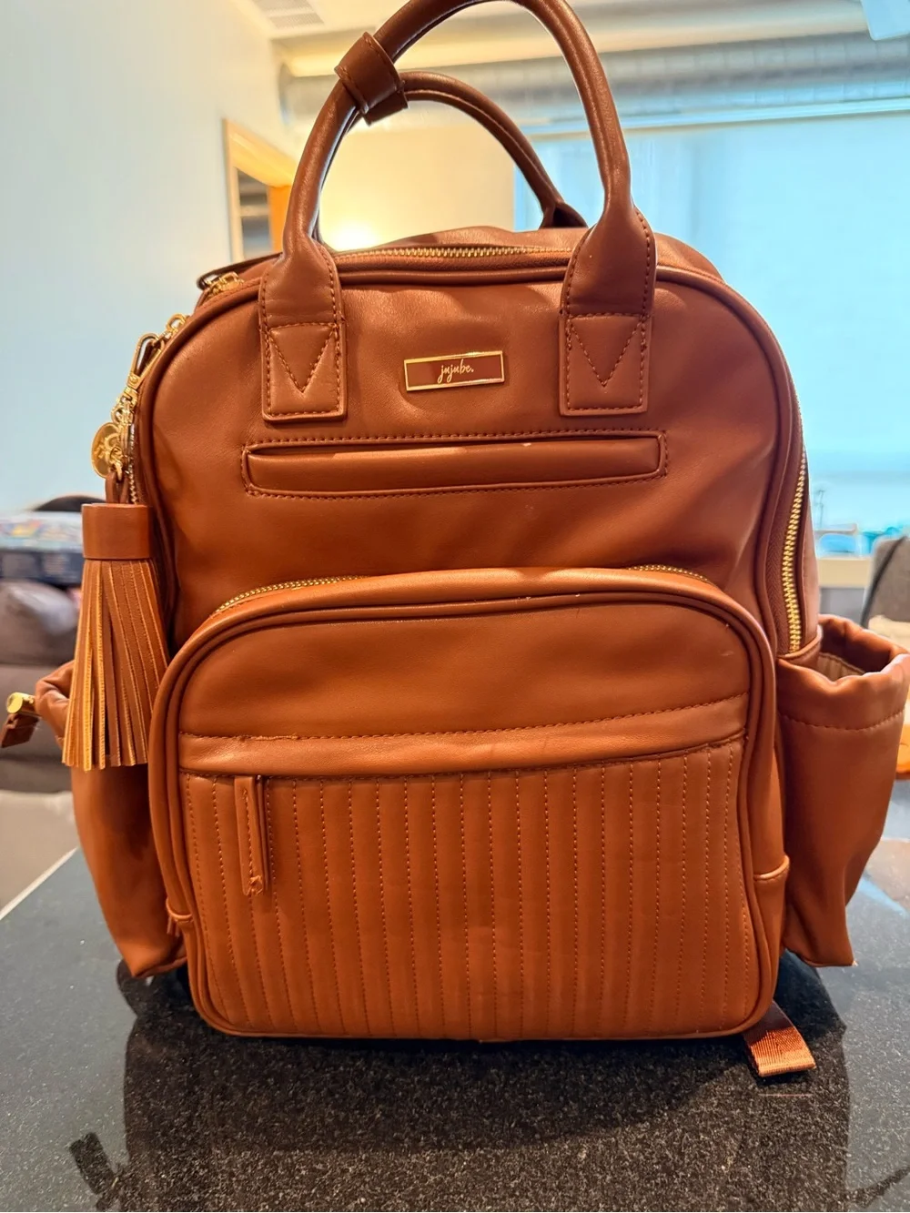 Ju-Ju-Be Cognac Brown Backpack Diaper Bag with Changing Mat